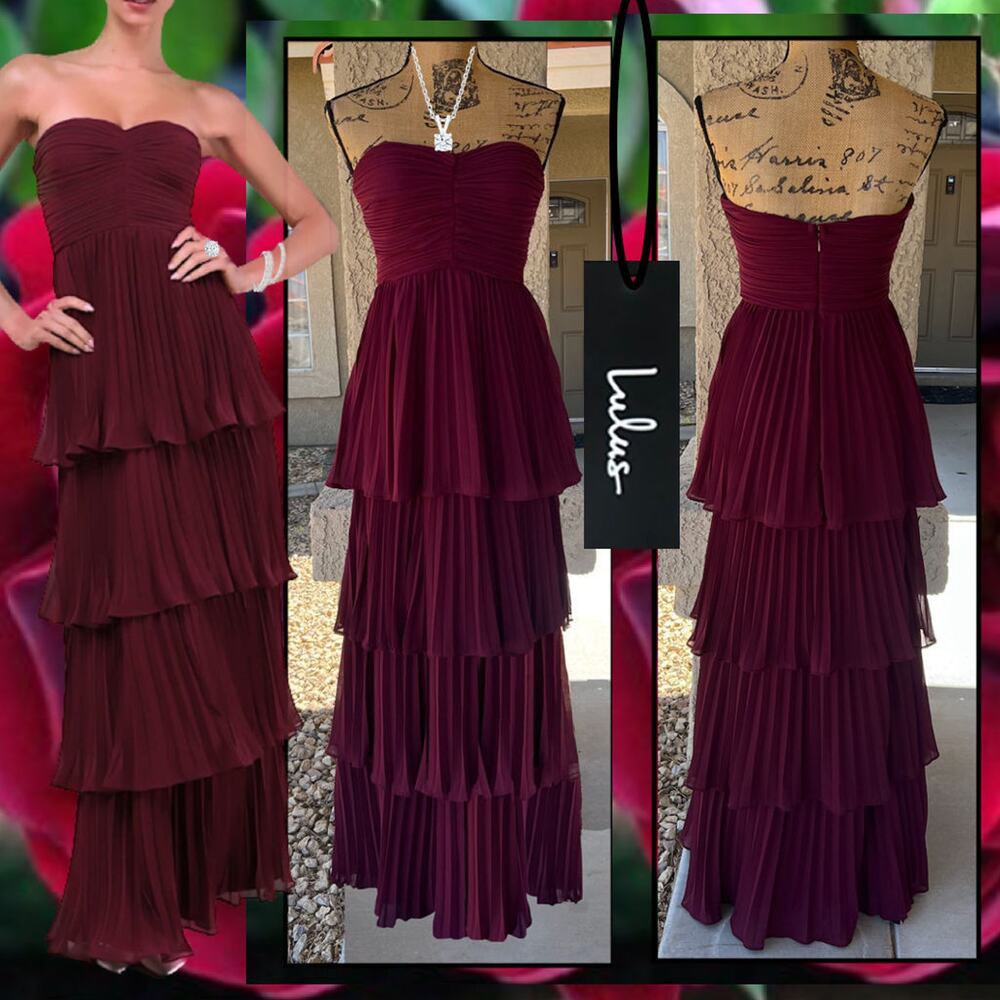 Lulus Plum Purple Strapless Pleated Tiered Seriously Sensational Maxi Dress Sz M